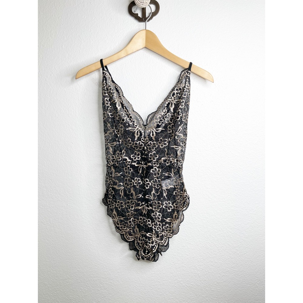 Avidlove Womens Black Gold Floral Lace Bodysuit V-Neck Lingerie‎ NWT
